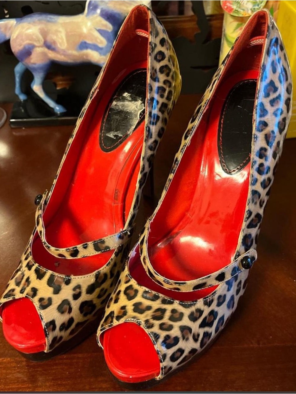 Leopard Print Peep-Toe Heels with Red Interior